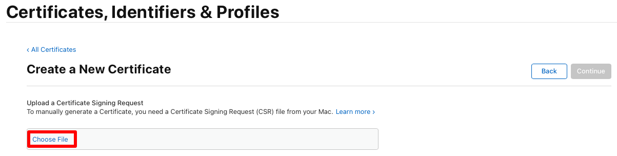 Laden Sie Ihre Zertifikatsignaturanforderung für Ihr Apple-Verteilungszertifikat hoch.