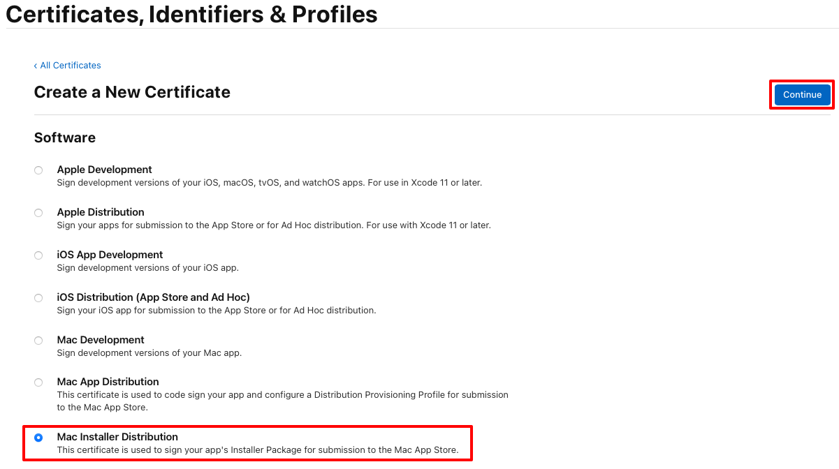 Erstellen Sie ein Mac Installer-Verteilungszertifikat.