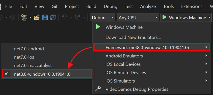 Selecting the Windows debug target for a .NET MAUI app in Visual Studio.