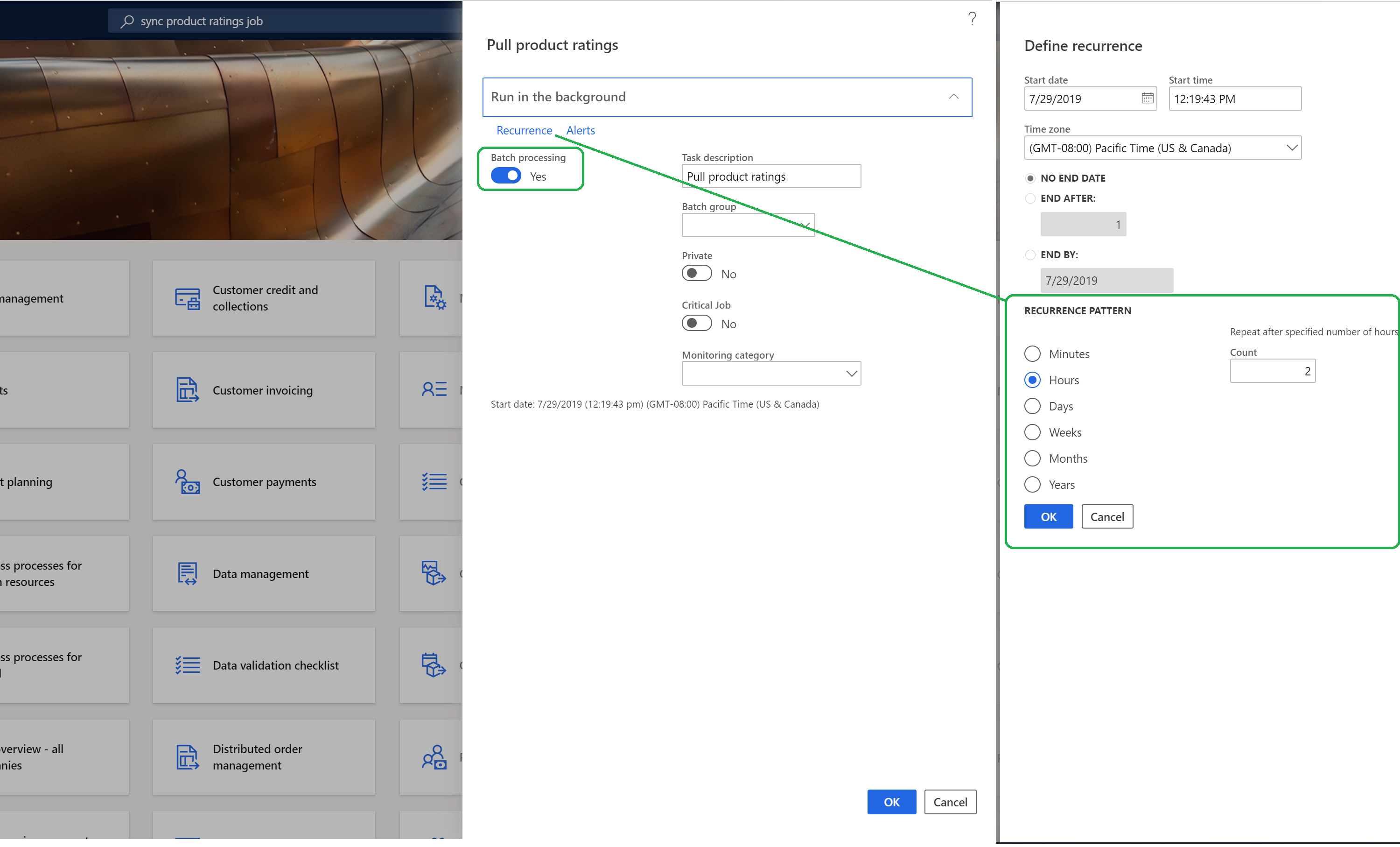 Konfiguration des Batchauftrags zum Synchronisieren von Produktbewertungen.