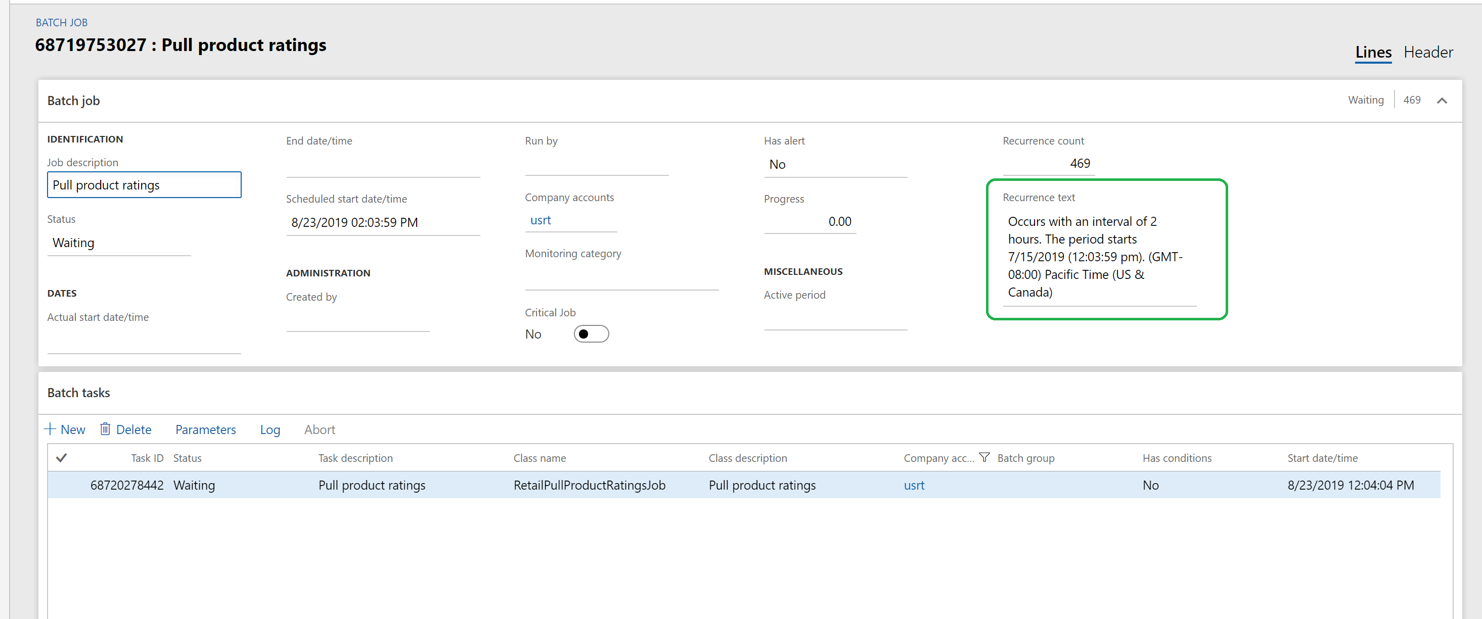 Details des Batchauftrags zum Synchronisieren von Produktbewertungen.