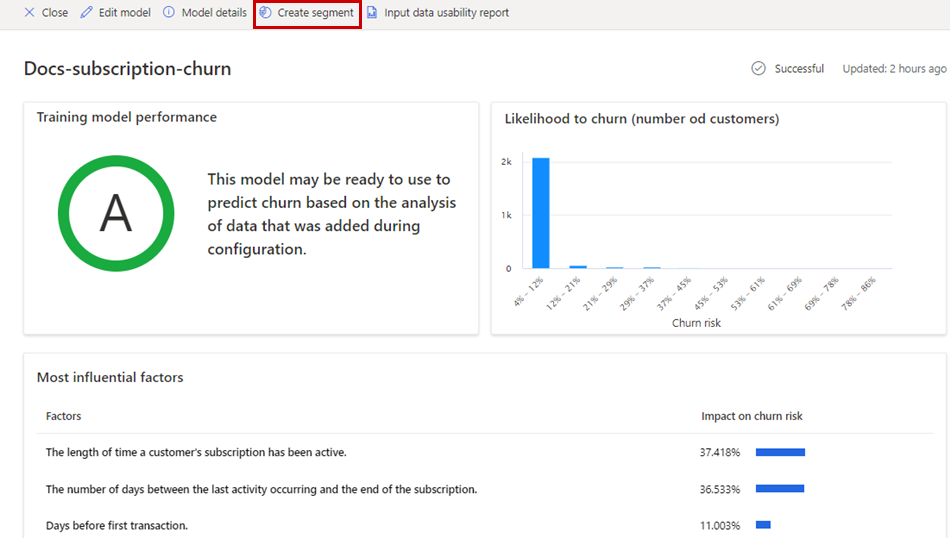 Screenshot der Vorhersage-Ergebnisseite mit Hervorhebung der Aktion „Segment erstellen“.