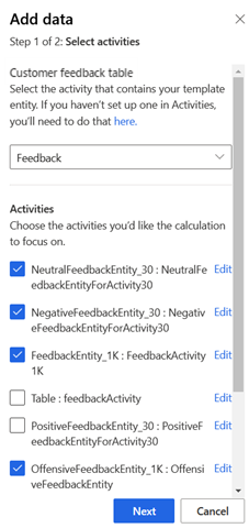 Konfigurationsschritt zur Auswahl von Feedback-Aktivitäten für die Stimmungsanalyse.