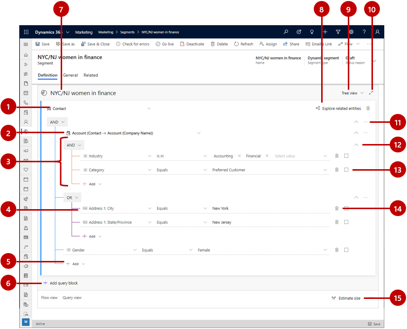 Segmentdesigner Benutzeroberflächenelemente für dynamische Profilsegmente.