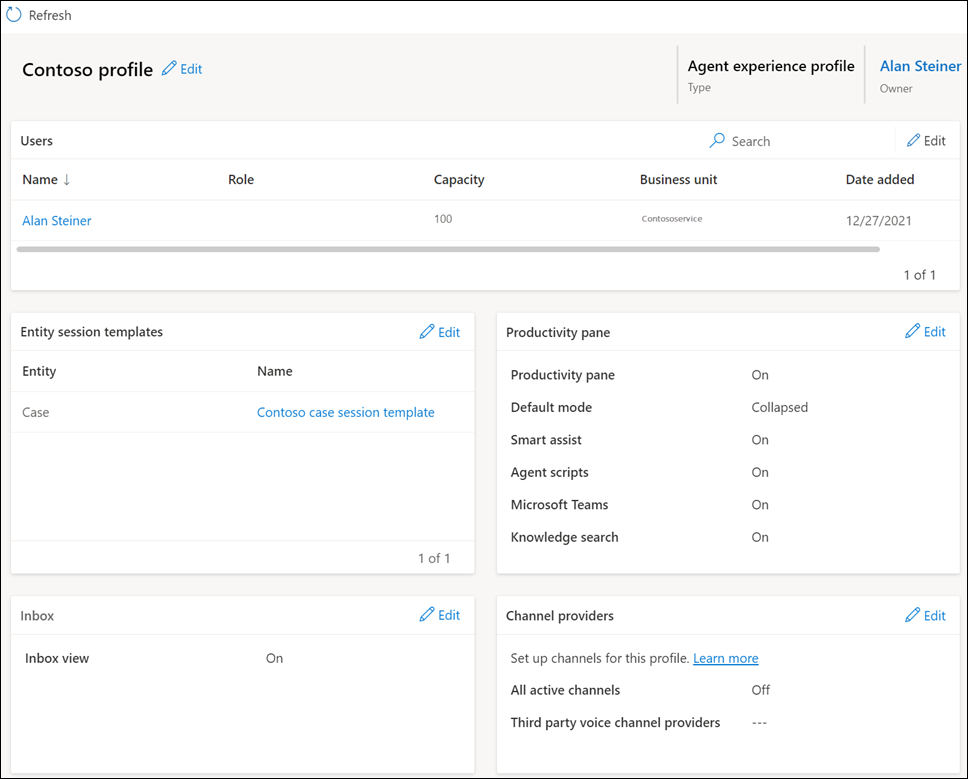 Das Agentenerfahrungsprofil mit konfigurierten Einstellungen im Customer Service-Admin Center.