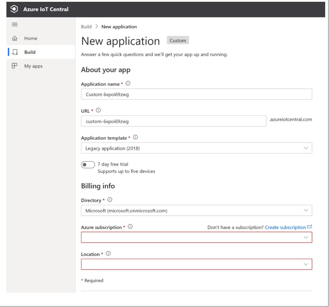 Neuer Azure IoT Central-Anwendungsdialog.