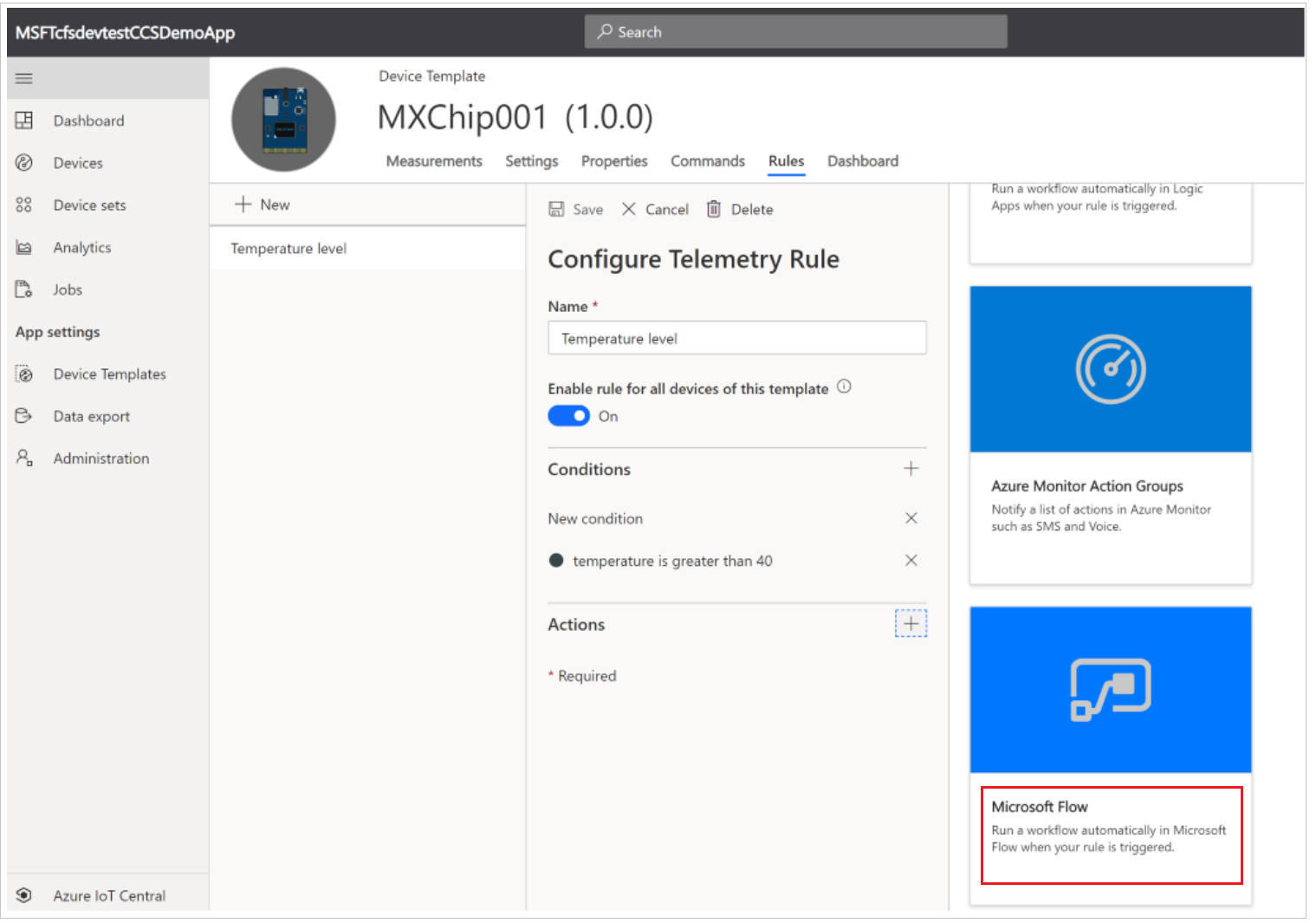 Screenshot der Microsoft Flow-Option in IoT Central.