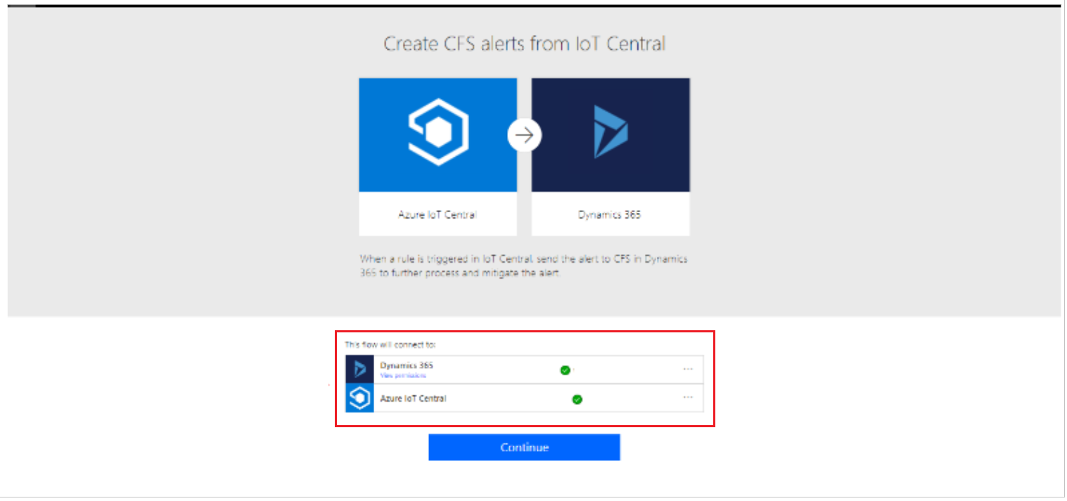 Screenshot der Power Automate Vorlagenseite mit Aufforderung, sich bei beiden IoT Central und Dynamics 365-Konten anzumelden.