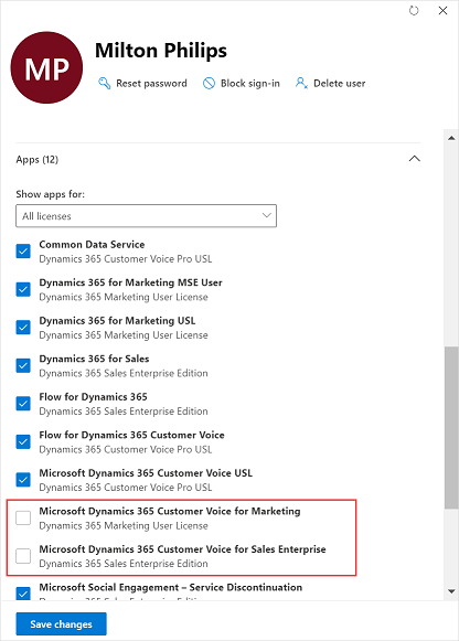 Deaktivieren Sie Dynamics 365 Customer Voice für einen Benutzer.