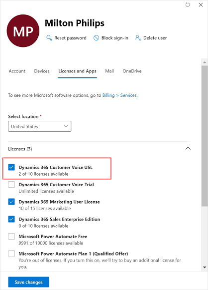 Benutzerlizenz für Dynamics 365 Customer Voice einem Benutzer zuweisen.