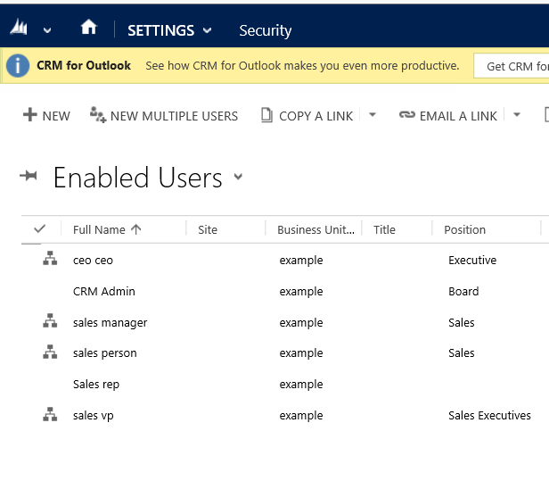 Aktivierte Benutzer mit zugewiesenen Positionen in Dynamics 365 for Customer Engagement.