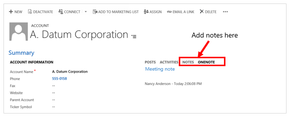 Hinzufügen von Notizen oder OneNote-Notizen in Dynamics 365 Customer Engagement (on-premises)