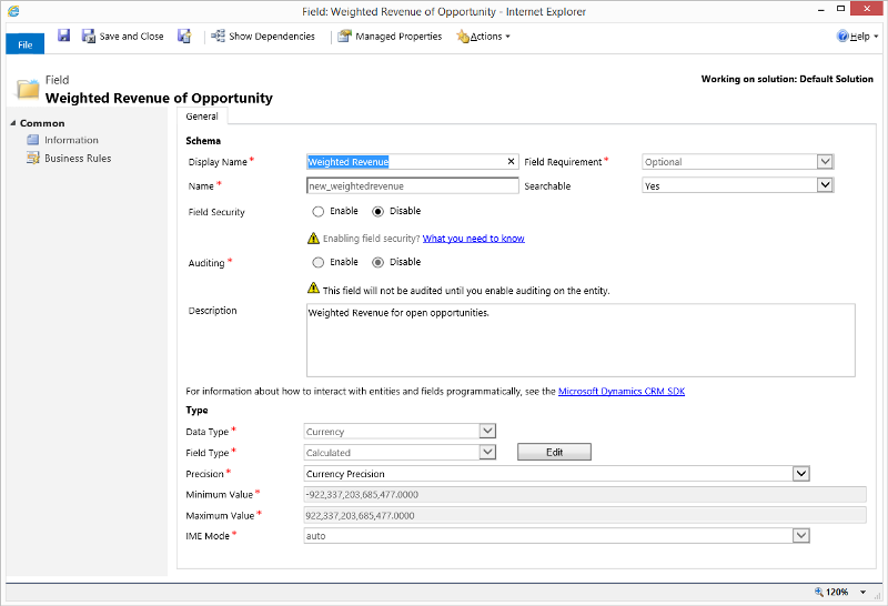 Gewichteter Umsatz der Verkaufschancen in Dynamics 365 for Customer Engagement.