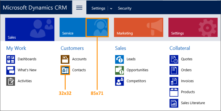 Pixelgrößen der Symbole in Dynamics 365 Customer Engagement.