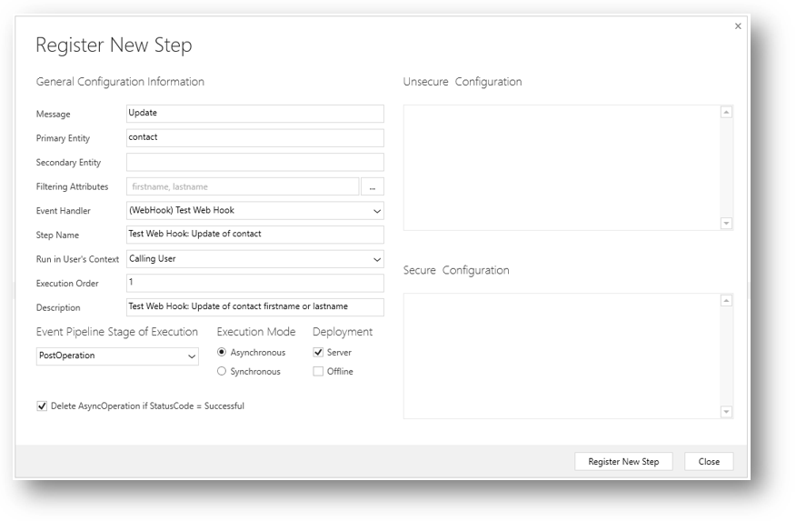 Plug-In-Registrierungs-Dialogfeld zum Registrieren eines neuen Webhook-Schritts.