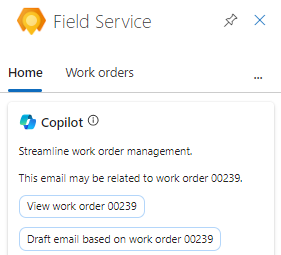 Screenshot des Field Service-Bereichs in Outlook mit der Schaltfläche „E-Mail basierend auf Arbeitsauftrag entwerfen“