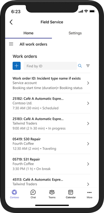 Rendering eines mobilen Geräts, das die Liste aller Arbeitsaufträge in der Field Service Teams-App anzeigt