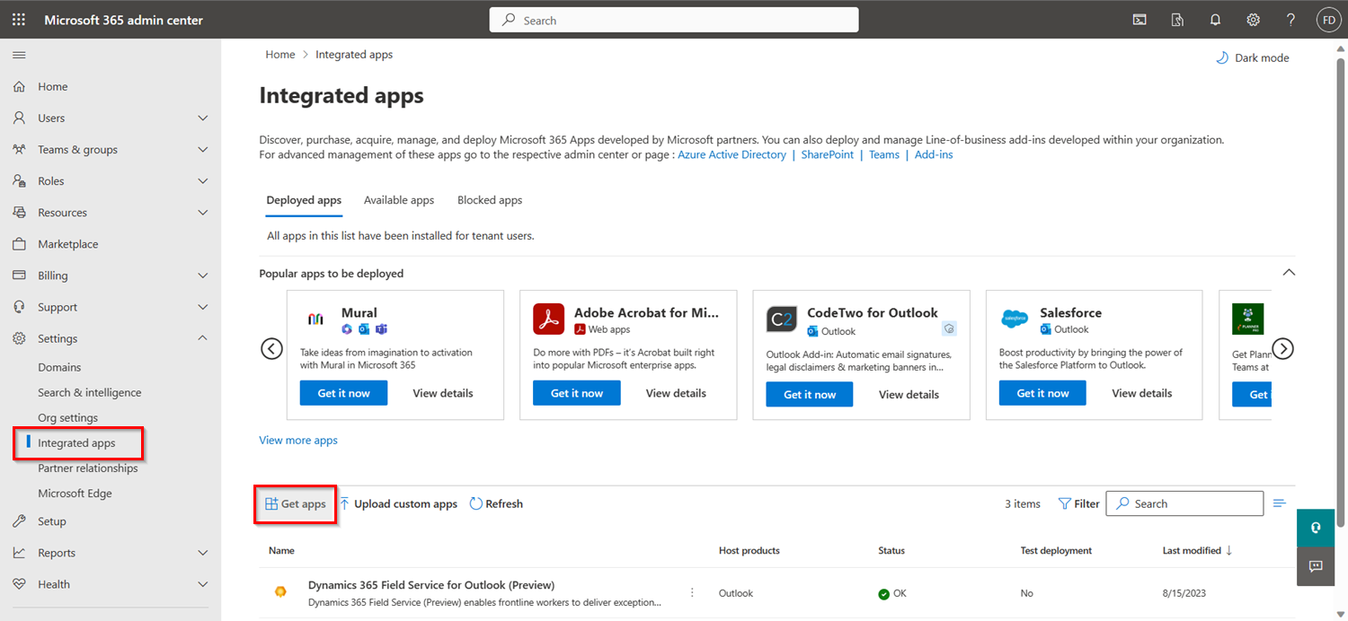 Microsoft Admin Center mit hervorgehobenen integrierten Apps