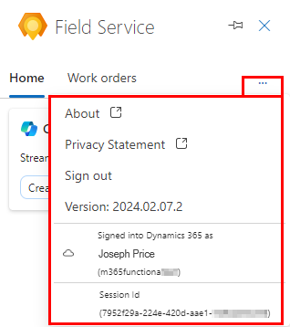 Screenshot des Field Service Outlook-Bereichs mit Versionsnummer, Sitzungs-ID und Links zur Übersicht und Datenschutzbestimmungen.