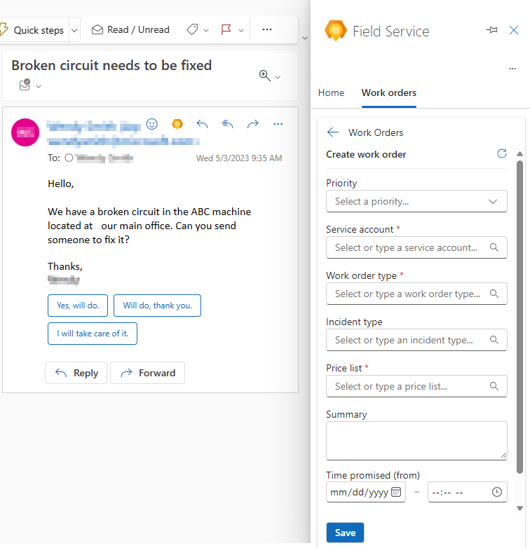 Screenshot des Bereichs „Arbeitsauftrag erstellen“ von Outlook in Field Service