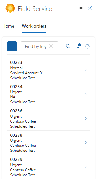 Screenshot des Field Service-Bereichs in Outlook mit vier aufgelisteten Arbeitsaufträgen