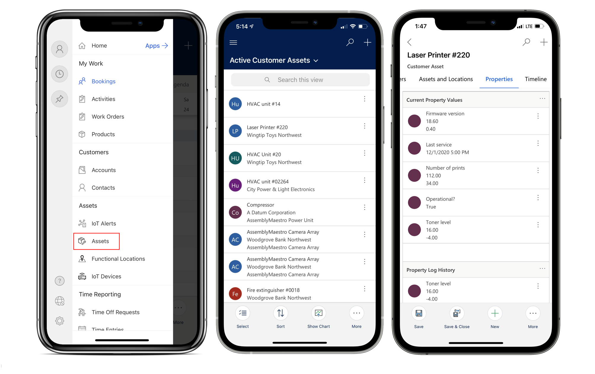 Renderings von drei mobilen Geräten, die Informationen zu Kundenanlagen in der Field Service Mobile-App zeigen.