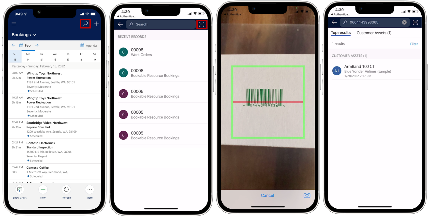 Vier mobile Geräte in verschiedenen Stadien des Barcode-Scanprozesses.