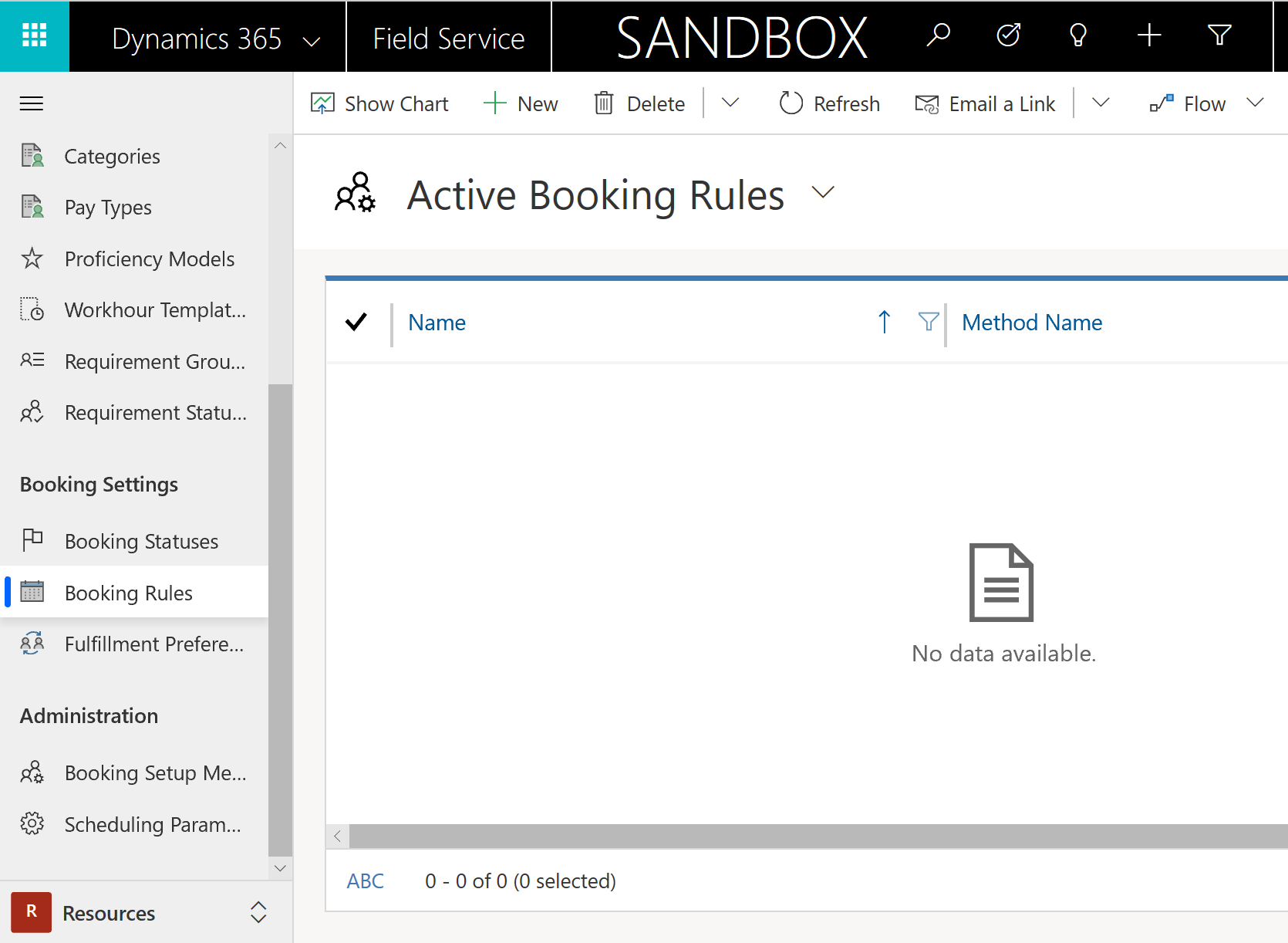 Screenshot der aktiven Buchungsregelnliste in Field Service.