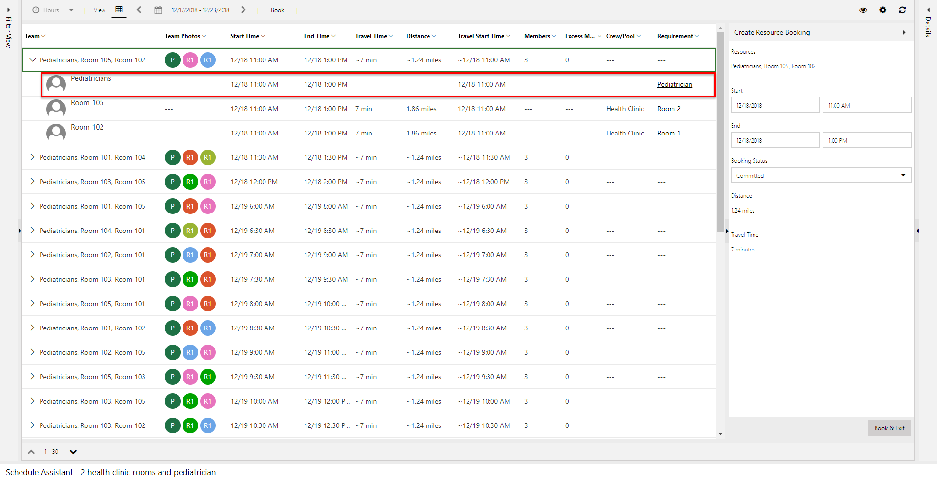 Screenshot der Ergebnisse des Zeitplan-Assistenten unter Verwendung des Kinderarztpools.