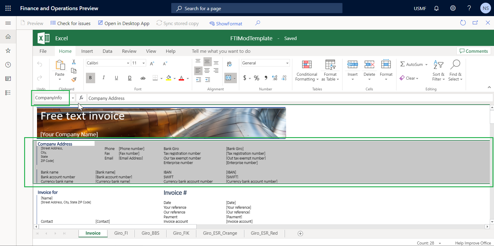 CompanyInfo Bereich ausgewählt.