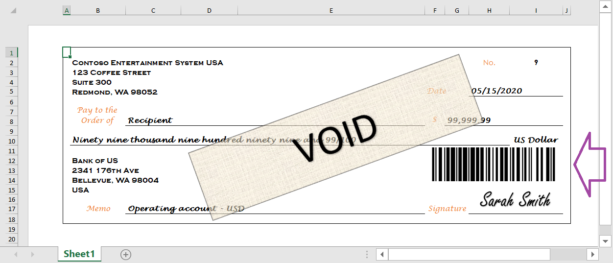 Generierter Zahlungsscheck mit Barcode in Excel.