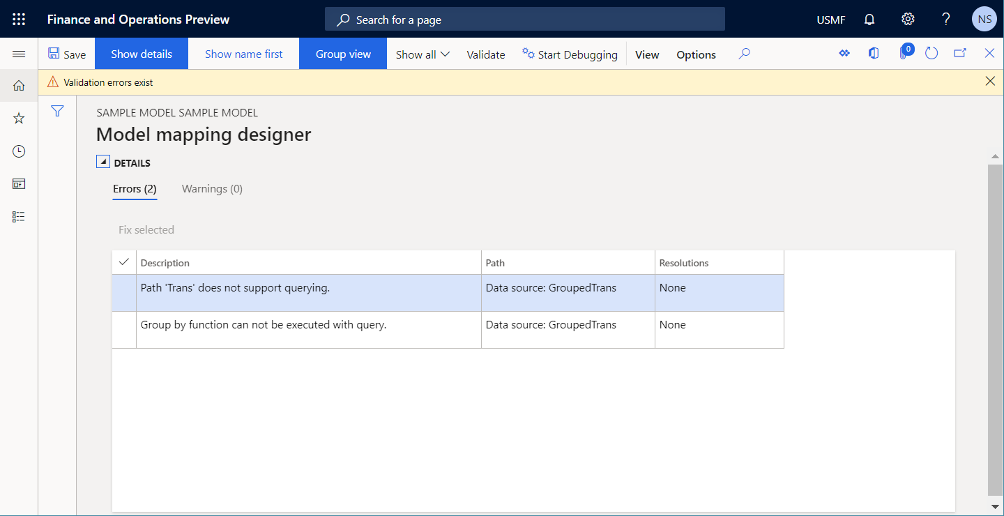 Überprüfen der EB-Modellzuordnungskomponente und Sicherstellen, dass die Datenquelle „GroupedTrans“ auf der Seite „Modellzuordnungsdesigner“ abgefragt werden kann.