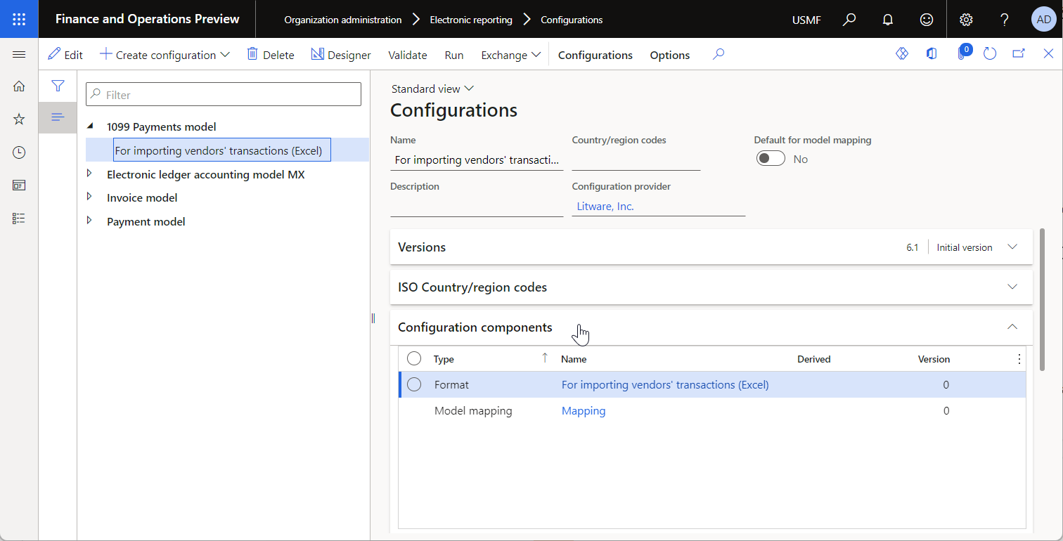 ER-Formatkonfiguration für den Import von Daten im Batch-Modus von der ER UI aus.