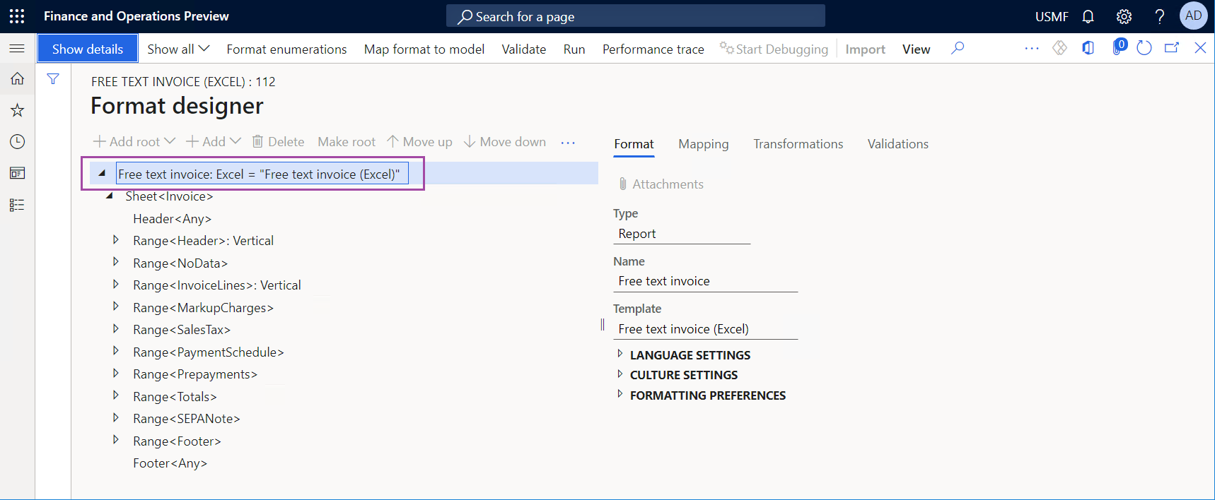 Reviewing the structure of an ER format on the Format designer page.