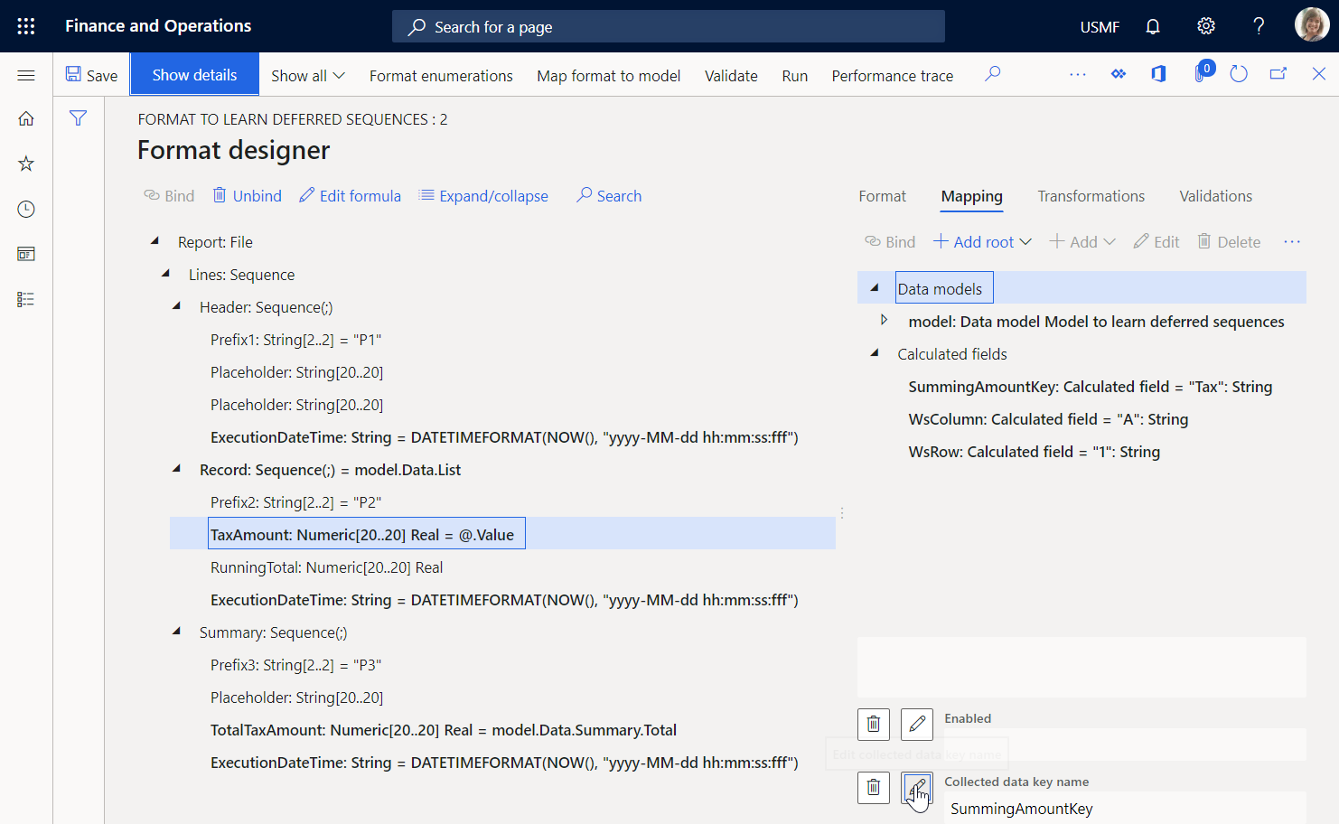 Numerisches Element „TaxAmount“ auf der Formatdesignerseite.