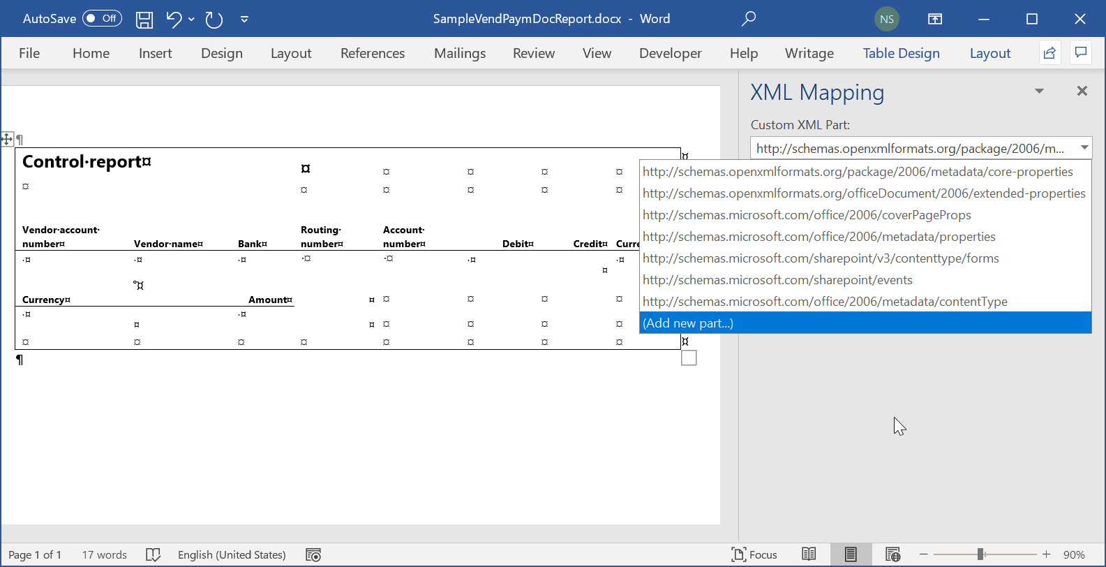 Das Layout der Word-Vorlage in der Desktop-Anwendung.