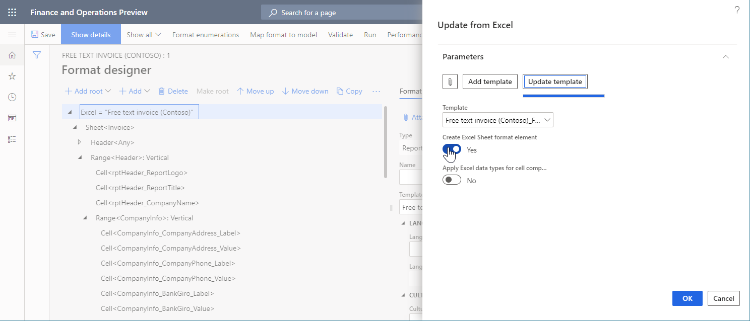 Option „Excel-Arbeitsblattformat-Element erstellen“ im Dialogfeld „Aus Excel aktualisieren“.