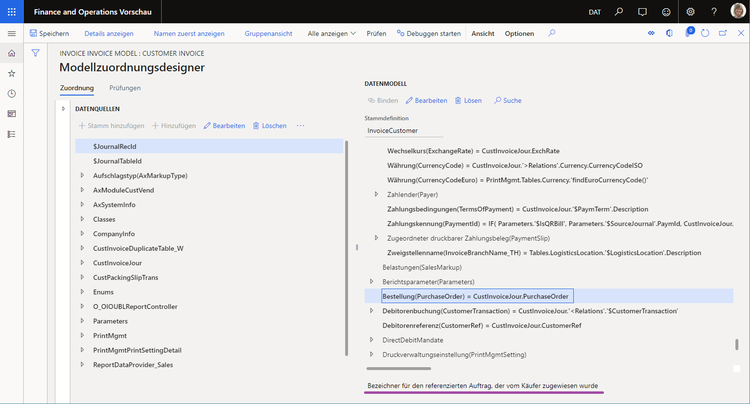 Layout des EB-Modellzuordnungsdesigners für einen Benutzer, für den DE-AT als bevorzugte Sprache festgelegt wurde.