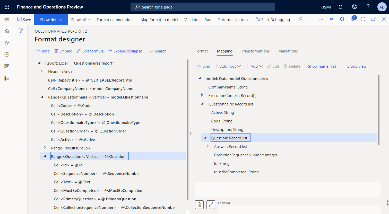 Fragenformatelement des Bereichstyps im EB Operation Designer.