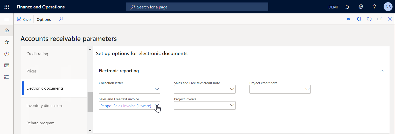 Seite Debitorenparameter, Registerkarte Elektronische Dokumenten, Inforegister Elektronische Berichterstattung.