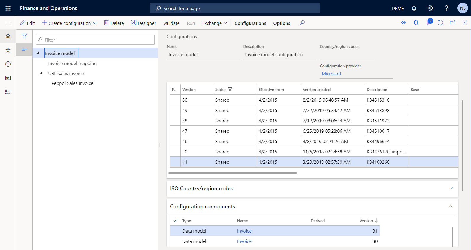 Konfiguration des EB-Datenmodells für das Rechnungsmodell auf der Seite Konfigurationen.