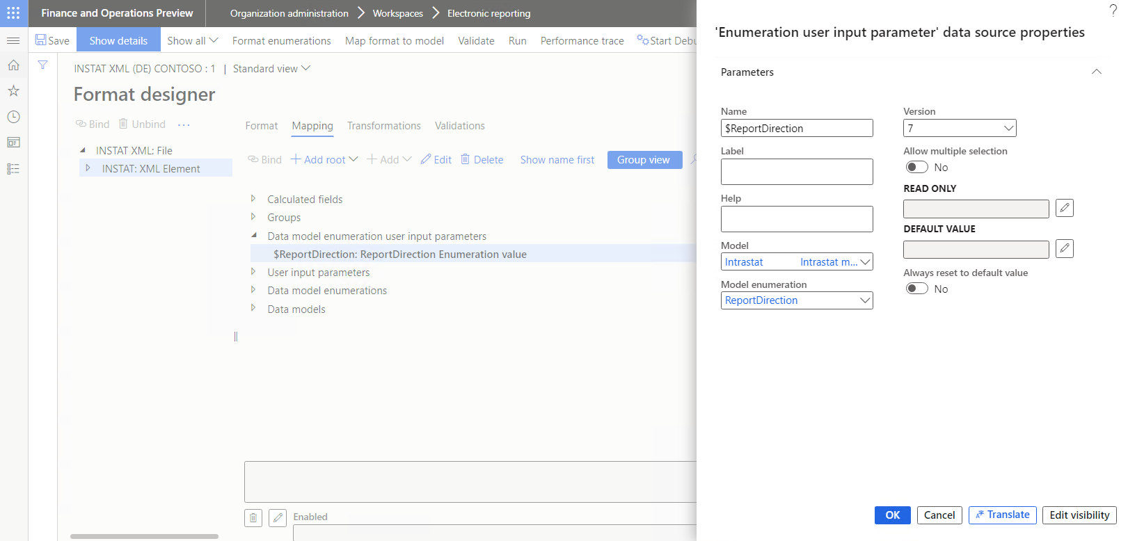 Eigenschaften der Datenquelle des Typs USER INPUT PARAMETER im Dialogfeld der Format-Designer-Seite.