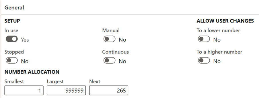 Example of the General section for number allocation.