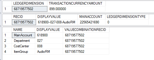 SQL query and results showing a merged default account and default dimension.