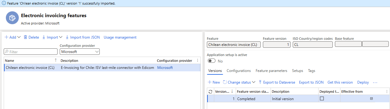 Screenshot of the imported Globalization feature for Chile on the Electronic invoicing features page, including the information on the Versions tab.