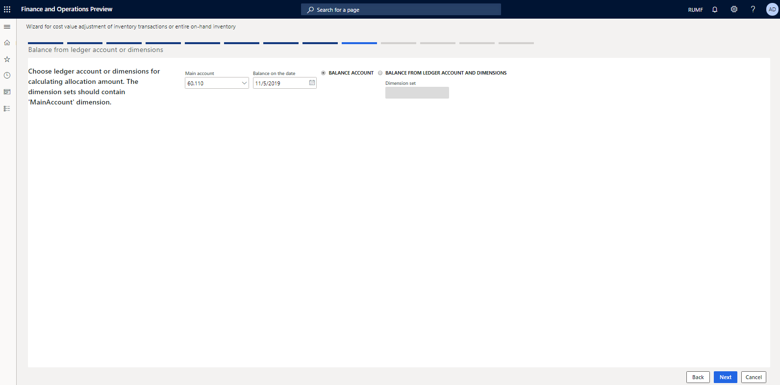 Balance from ledger account or dimensions page.