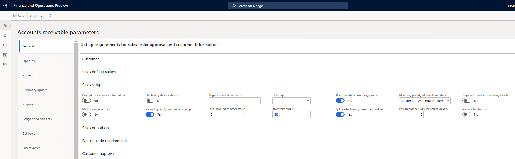 Accounts receiveable parameters page, General tab.