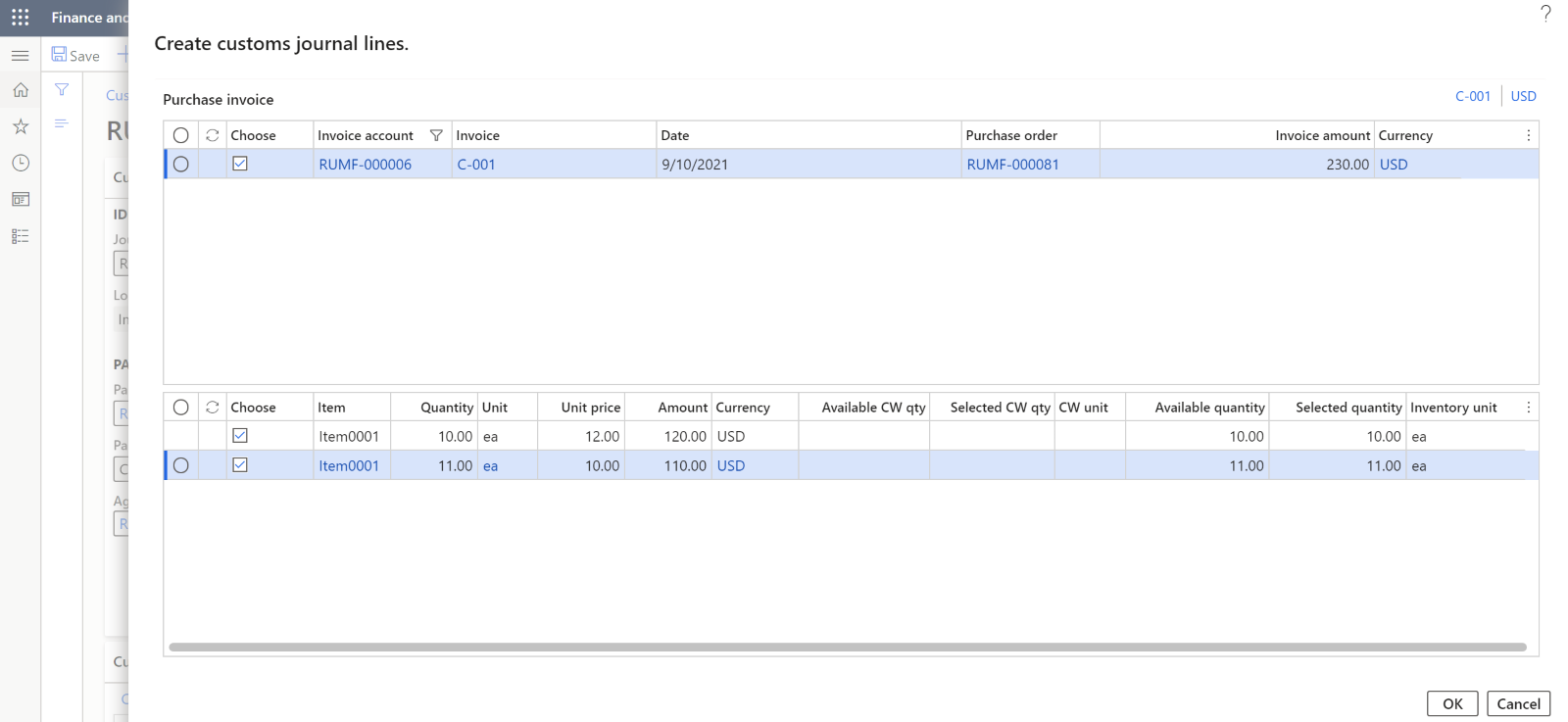 Create customs journal lines dialog box.