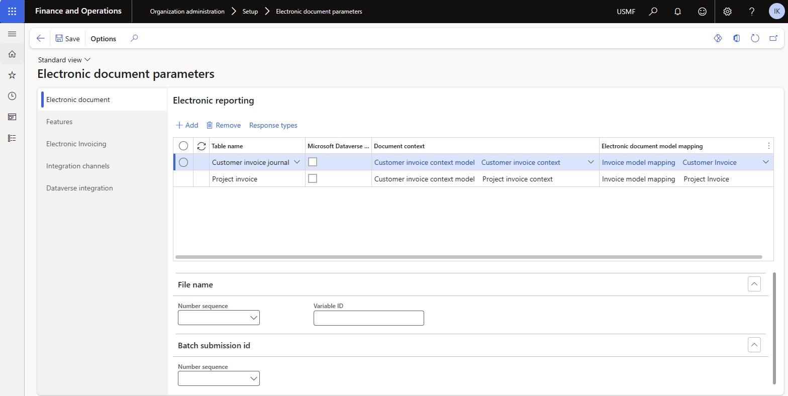 Screenshot of the setup on the Electronic document tab of the Electronic document parameters page.