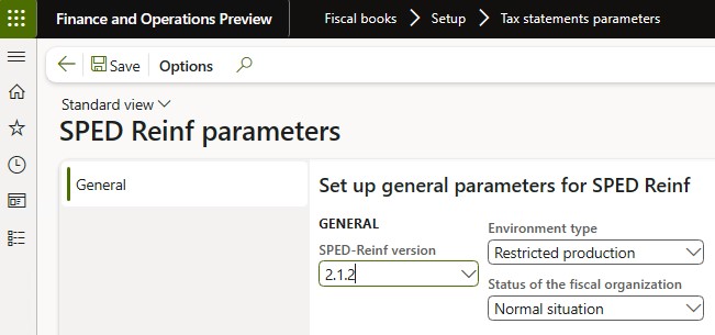 Parameters set on the General tab of the SPED Reinf parameters page.